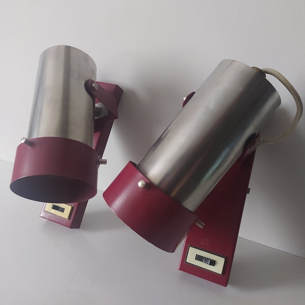 Pair of Vintage Dark Red and Crome  Wall Lamps - Bedside lamps - Retro scones