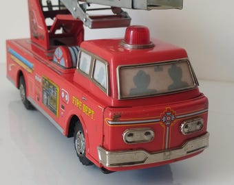 Rare Vintage Tin Lithograph F.D. Fire Engine Friction Toy- Made in