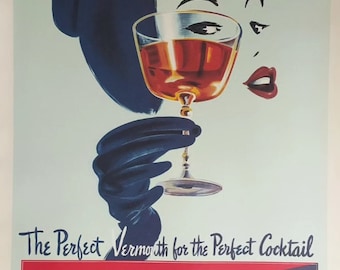 May include: A vintage advertisement for Cinzano vermouth featuring a woman in a blue hat and gloves holding a glass of red wine. The text reads "The Perfect Vermouth for the Perfect Cocktail" and "Cinzano". The bottom of the ad states "Sole Importer: Canada Dry Ginger Ale, Inc. New York, N.Y."