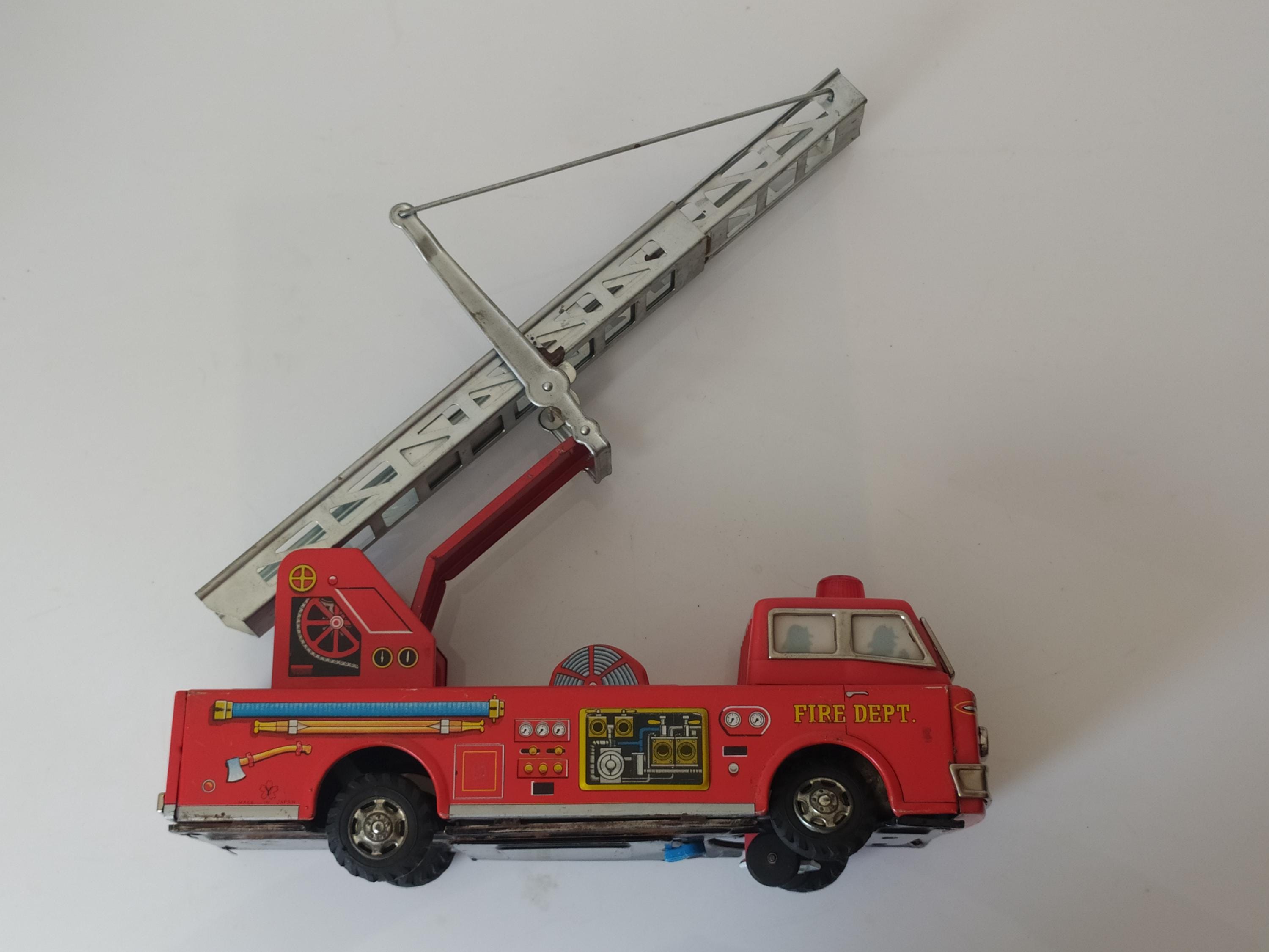 Vintage Yonezawa Fire Truck Tin Toy From the 1960s, Made in Japan