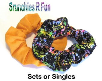 Colourful Scrunchie Hair Elastics for Ponytails  & Messy Buns - Orange and Black Halloween Hair Ties - Set or Single - Accessories - #118