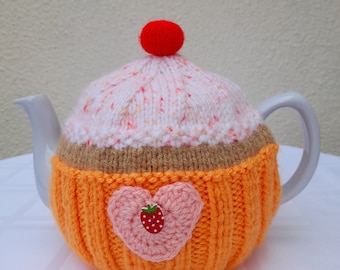 Hand knitted Orange cupcake tea cosy  Medium teapot  Crochet heart