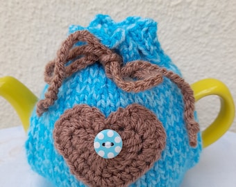 Hand knitted Turquoise Heart tea cosy  Small 2 cup teapot  Crochet Heart