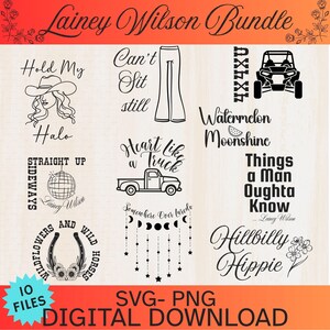 Puede incluir: Un paquete digital de 10 diseños gráficos en blanco y negro con ilustraciones y texto de temática country, incluyendo Lainey Wilson Bundle, Hold My Halo, Can't Sit Still, 4x4, Watermelon Moonshine, Straight Up Sideways, Heart Like a Truck, Things a Man Oughta Know, Wildflowers and Wild Horses, Somewhere Over Laredo y Hillbilly Hippie.