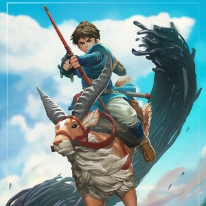 May include: A figurine of a young person riding a white, furry creature with large horns. The creature is standing on a rocky surface with a dark, swirling background. The figurine is holding a bow and arrow, and the person is wearing a blue and white outfit.