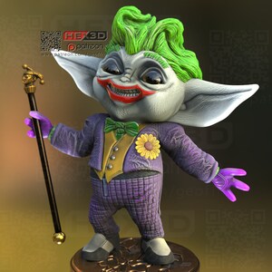 May include: A green and purple Joker-themed figurine of a small, fictional creature with large ears. The figurine is holding a black cane with a gold top and has a purple and yellow suit with a sunflower on the chest.