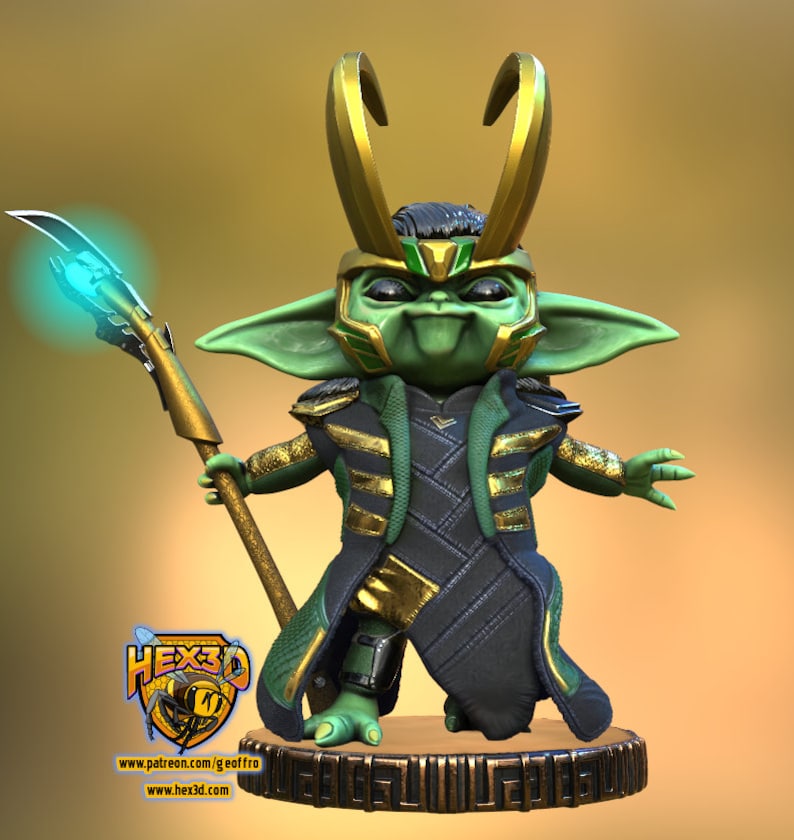 May include: A green and gold figurine of a character with horns, a green robe, and a staff. The character is holding a staff with a glowing blue tip. The figurine is on a gold base with a decorative pattern.