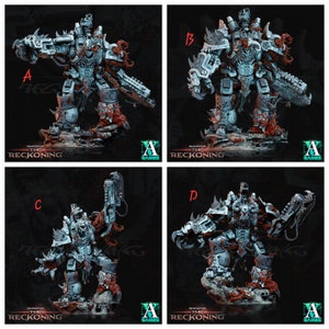 May include: Four different views of a detailed, painted miniature of a large, grey, robotic figure with red and black accents. The figure is holding a large weapon in its right hand and has a large, spiked club in its left hand. The figure is standing on a base with a rocky texture. The miniature is part of a game called "The Reckoning".