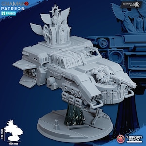 May include: A light gray miniature sci-fi tank model featuring a mounted turret with a figure, gothic architectural details, and winged statues on top. The vehicle is displayed on a circular base with a clear support stand, measuring 110 mm by 90 mm.