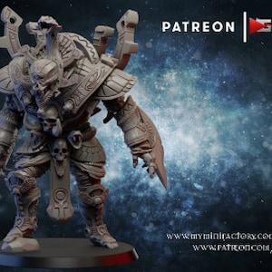 May include: A detailed 3D-printed figurine of a warrior with ornate armor, adorned with skulls and hieroglyphic designs. The figure is holding a blade and stands on a circular base. The image includes the text "PATREON | SHAMAK" and website addresses.