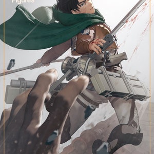 May include: A green-cloaked anime character with brown hair and brown eyes, holding a sword and a weapon with a gas tank, in a fighting pose. The character is standing on a rooftop with a hand reaching out from the background.
