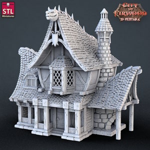 May include: A 3D printed model of a two-story building with a dragon head on the roof. The building has a stone chimney, a wooden door, and several windows. The model is printed in a light gray color. "City of Firwood 3D Printable" is printed on the image.