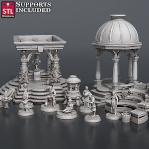 Può includere: Un set di miniature stampate in 3D che include una fontana in pietra e un gazebo con tetto a cupola. Il set include diverse miniature di persone in varie pose. Il set è progettato per giochi da tavolo o giochi di ruolo.