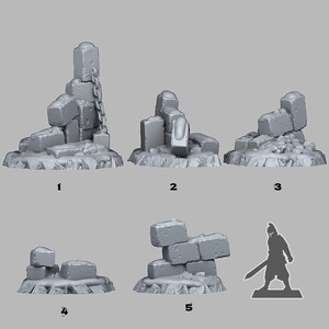 May include: A collection of five gray miniature terrain pieces, resembling weathered stone ruins. Each piece is a different configuration of broken blocks and platforms. A miniature figure is included for scale.