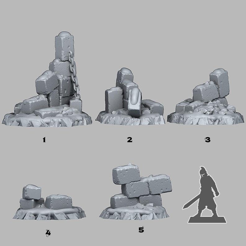May include: A collection of five gray miniature terrain pieces, resembling weathered stone ruins. Each piece is a different configuration of broken blocks and platforms. A miniature figure is included for scale.