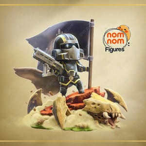 May include: A detailed figurine of a soldier in a futuristic suit, holding a gun and a tattered flag. The figure stands on a rocky terrain with a skull-like structure. The logo "nom nom Figures" is visible.