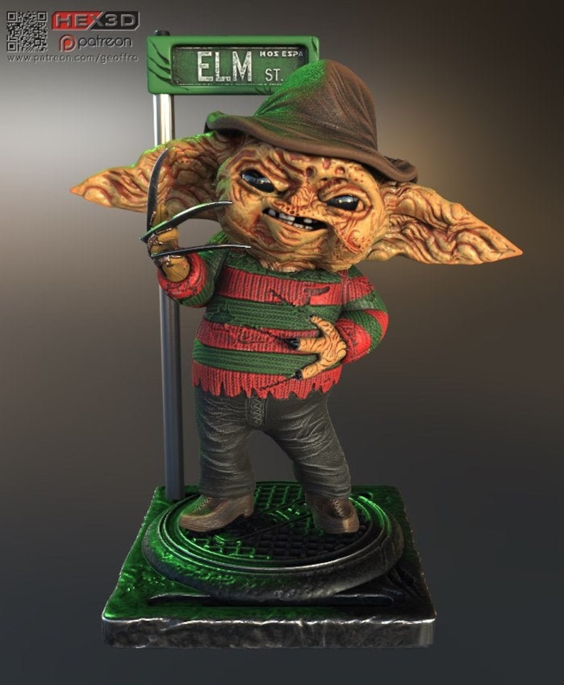 May include: A small, green, and red striped figure with a brown hat and a sharp, clawed hand. The figure is standing on a green and black base with a street sign that reads "ELM ST."