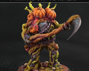 May include: A 3D printed miniature of a pumpkin-headed creature with a scythe. The creature is made of stone and vines, and has a variety of pumpkins growing on its head. The creature is painted in a variety of colors, including orange, green, brown, and purple.