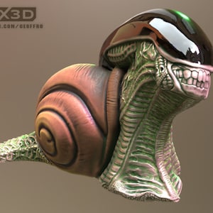 May include: A green and silver alien creature with a black helmet and sharp teeth is attached to a brown snail shell. The alien has a textured, segmented body.