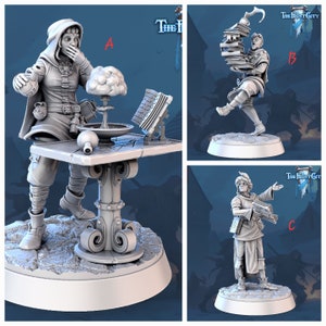 May include: Three miniature figurines of people in various poses. The first figurine is a person wearing a hooded cloak and holding a vial. The second figurine is a person holding a stack of books. The third figurine is a person holding a book and gesturing with their right hand. The figurines are painted in a gray color.