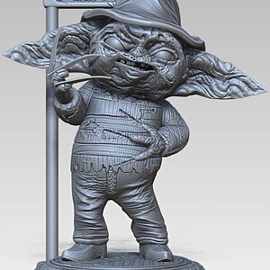 May include: A gray 3D printed figurine of a Freddy Krueger character from the movie A Nightmare on Elm Street. The figurine is standing on a base with a street sign that reads "ELM ST".