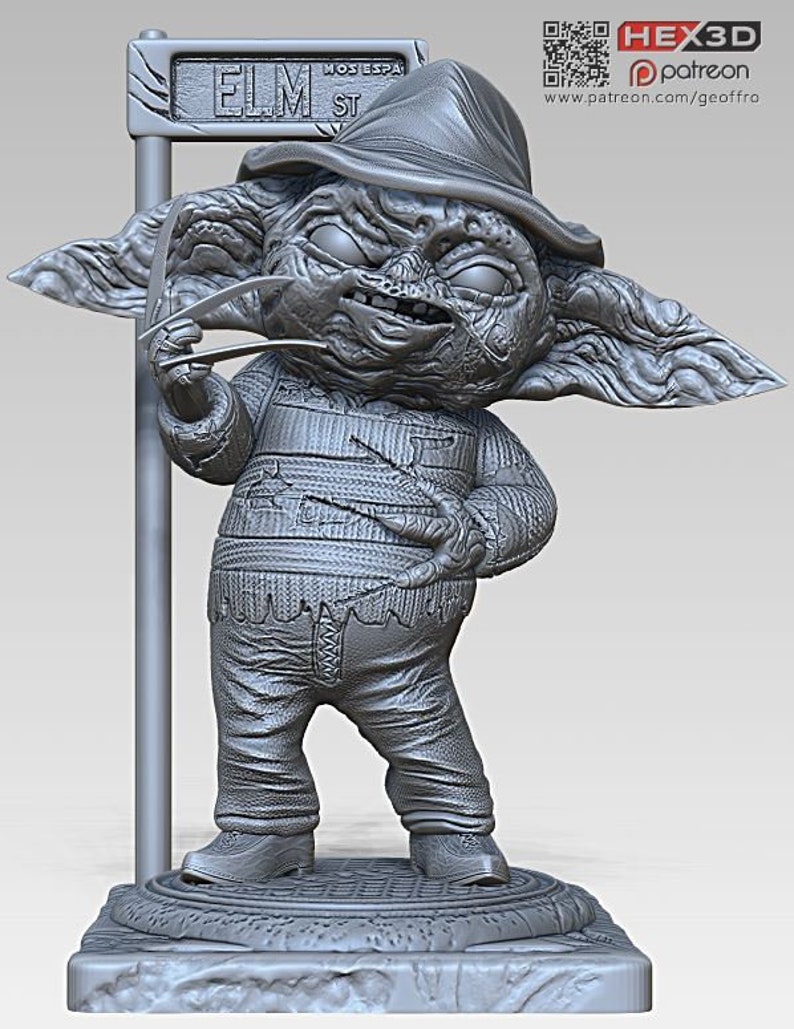 May include: A gray 3D printed figurine of a Freddy Krueger character from the movie A Nightmare on Elm Street. The figurine is standing on a base with a street sign that reads "ELM ST".