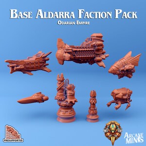May include: A set of 3D printed miniature spaceships and structures, painted in a reddish-brown color. The set includes a large spaceship, a smaller spaceship, a tall structure with a spire, a shorter structure with a spire, a small spaceship, and a small, crab-like structure. The set is labeled "Base Aldarra Faction Pack Odarian Empire" and "Arcane Minis".