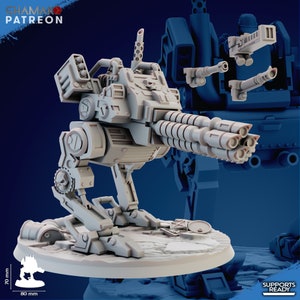 May include: A gray, detailed, 3D printed model of a walking robot with a large, multi-barreled gun. The robot is standing on a round base with a rocky texture. The model is 80 mm tall.
