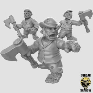 May include: Three gray painted miniature figures of goblins, each holding an axe. The goblins are wearing clothing and hats. The goblin in the center is wearing a hat with a star on it.