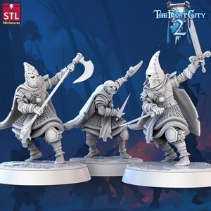 May include: Three 3D printed miniatures of hooded figures, each holding a weapon. The figures are posed in a fighting stance and are ready for battle. The miniatures are painted in a gray color and are set against a blue background. The text "The Frost City 2" is visible in the upper right corner of the image.