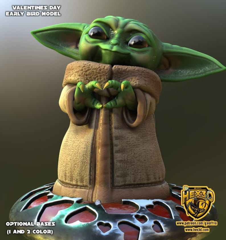 K&ouml;nnte beinhalten: Ein 3D-gedrucktes Modell einer Figur aus dem Star Wars-Franchise, in Gr&uuml;n und Braun, das mit seinen H&auml;nden ein Herz formt. Das Modell steht auf einem roten und silbernen Sockel mit einem Herzdesign. Der Text "VALENTINES DAY EARLY BIRD MODEL" befindet sich oben im Bild. Der Text "OPTIONAL BASES (I AND 2 COLOR)" befindet sich unten im Bild.