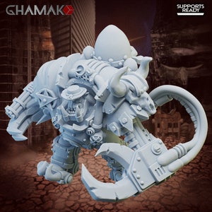 May include: A gray 3D printed miniature of a large, heavily armored, mechanical creature with a large claw and a smaller claw on the other arm. The creature has a large, horned head and a smaller head with a face that resembles an orc. The creature is standing on a cracked, gray surface. The text "SUPPORTS READY" is visible in the upper right corner of the image.