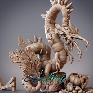 May include: A light brown, unpainted resin miniature of a serpentine creature with a segmented body, spikes, and leaf-like appendages. The figure stands on a rocky base next to a crate of pumpkins and vegetables. The text CobraMode is visible.