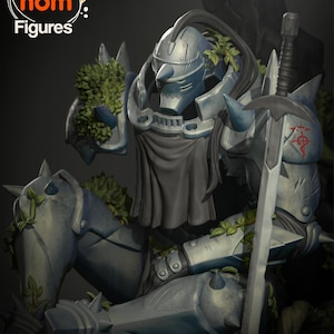 May include: A silver-colored suit of armor figurine featuring a helmet with a central spike, a dark grey cloth draped over the chest, and green vine-like foliage accents. The figure holds a long sword and displays a red symbol on the shoulder.