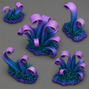 May include: Five fantasy plant sculptures with purple, blue, and green hues. Each plant features curled, horn-like structures rising from a base of green, grass-like elements. The bases are a dark purple, creating a vibrant, otherworldly aesthetic.