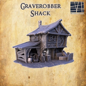 May include: A gray, weathered, two-story wooden shack with a corrugated metal roof. The shack has a small porch and a door with a wooden frame. There are several wooden crates and barrels in front of the shack.