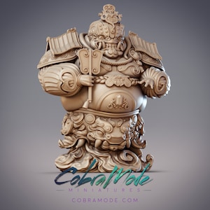 May include: A detailed 3D printed miniature of a mythical creature, a large, round, and ornate figure with a fierce expression, wearing a crown and holding a fan. The figure is standing on a cloud-like base.
