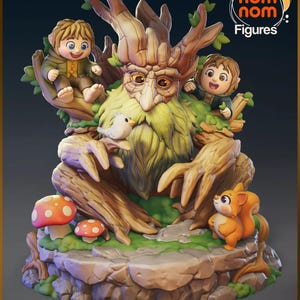 May include: A multi-character figurine featuring a large, anthropomorphic tree creature with a wooden face and green beard, flanked by two small humanoids, a white bird, and a squirrel, all set on a rocky base with red and white mushrooms.
