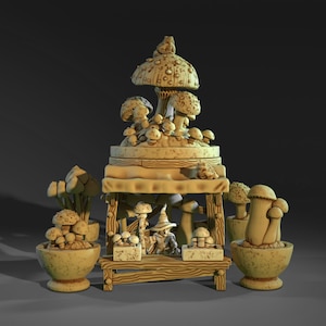 May include: A miniature mushroom market with a wooden stand, a mushroom-shaped roof, and a small figure of a mushroom seller. The market is filled with various types of mushrooms, including a large mushroom with a frog on top.