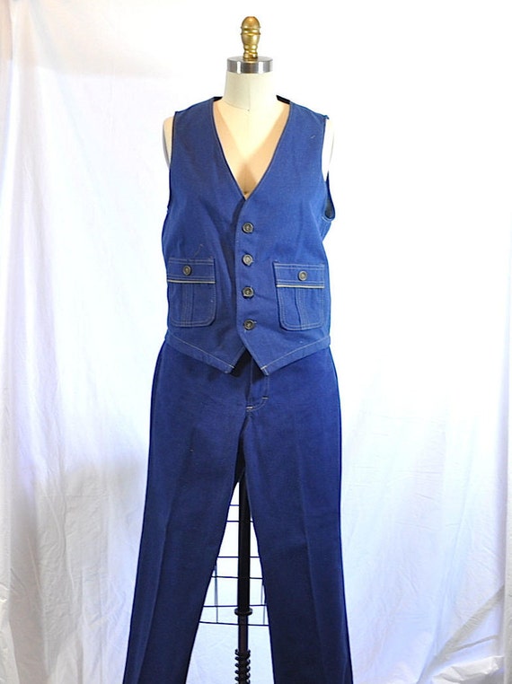 Vintage 1970s Blue Denim Two Pieces Vest and Flare