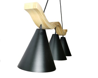 Chandelier Modern black handmade, unique pendant featuring three elegant aluminium shades, wooden base shaped like waves,Kitchen,Living room