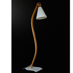 BellA White - Modern floor standing handmade lamp, unique wooden oak or white base, specific poll made by gluing several layers of veneer.