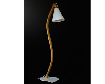 BellA White - Modern floor standing handmade lamp, unique wooden oak or white base, specific poll made by gluing several layers of veneer.