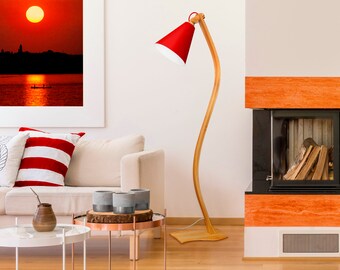 BellA Red - Modern floor standing handmade lamp, unique wooden oak or red base, specific poll made by gluing several layers of veneer.