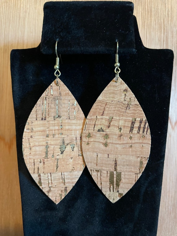 Cork faux leather earrings with gold flecks- 3.5 inches