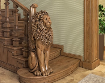 Oak Lion Statue at Staircase, Wood Lion Statue In Front Of Staircase