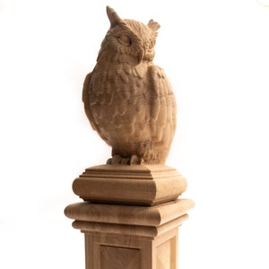 May include: A detailed wooden owl sculpture perched atop a square pedestal. The owl has textured feathers and is carved from light-colored wood. The sculpture is a decorative item, likely for home decor.