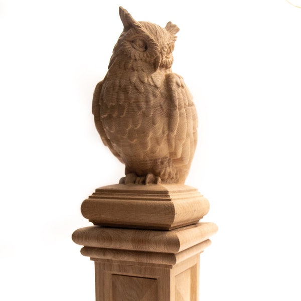 Owl Wood Carving Newel Post Cap with the Owl Statue Interior Wooden Newel Finial Inactive