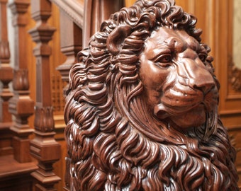 Large Decorative Lion Newel Post for Staircase Carved from Beech, Unpainted