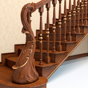 May include: A wooden staircase with intricate details. The steps and banister are a rich brown color, accented with gold trim. The newel post features a carved floral design. The balusters are evenly spaced and topped with gold accents.